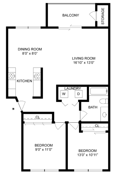 Floor plan for 2 beds, 1 bath, 915 sqft